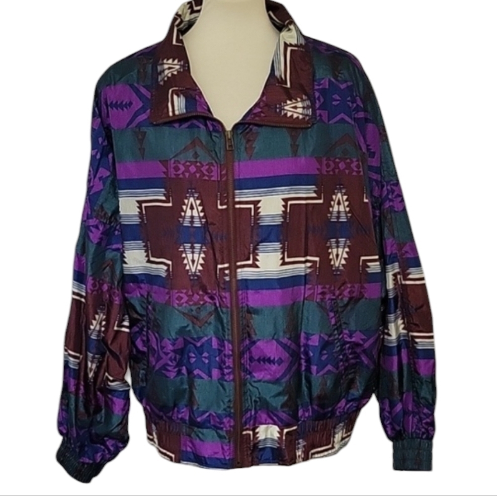 Vintage Kaotic Windbreaker Jacket Full Zip Cropped Southwest Boho Women's XL